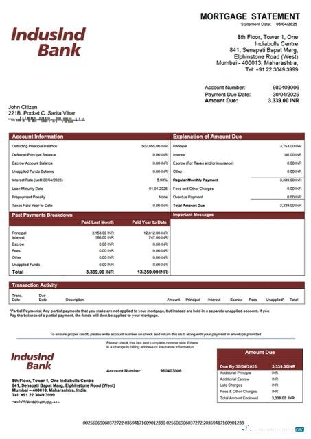Download India IndusInd Bank mortgage statement Word and PDF template Photoshop template